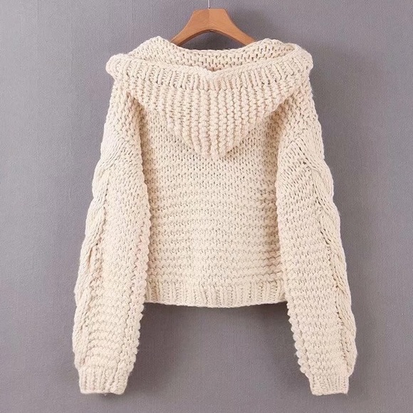 Chunky knit cardigan cream cable knit hoodie sweater womens long sleeve thick - Picture 3 of 15